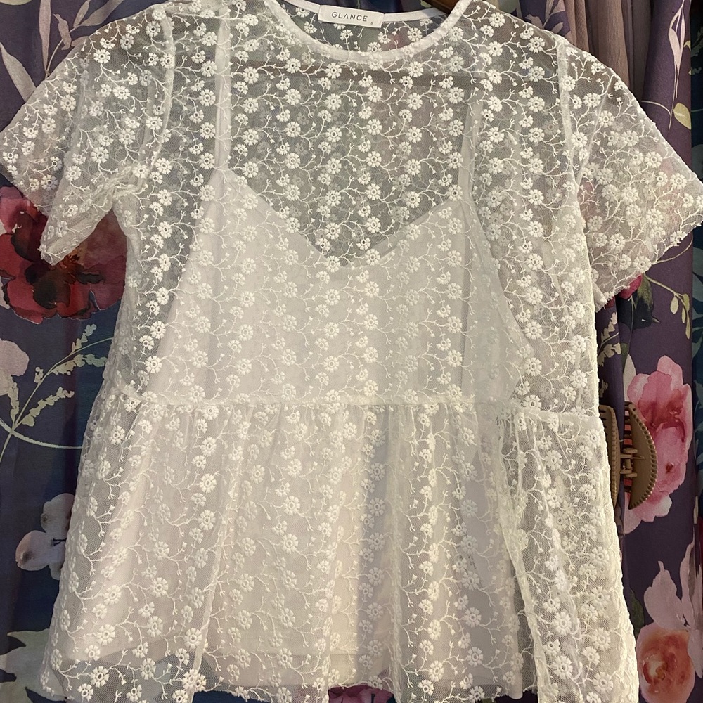 White lace blouse with tank top in bottom